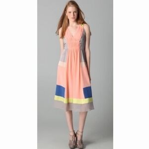 Rebecca Taylor 100% silk Color block Midi V Neck Dress Women's Small